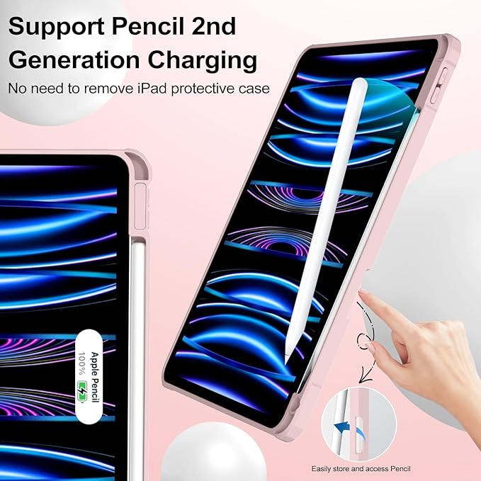 JKSML Case for iPad Pro 11, Case with Pencil Holder for iPad Pro 11 Inch 4th/3rd/2nd Generation 2022/2021/2020, Transparent Protective Cover for iPad Pro 11, Supports Pencil 2 Charging, Pink