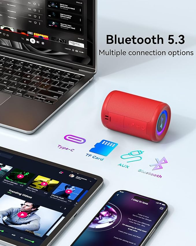 LENRUE Small Portable Bluetooth Speaker with Lights, TWS Stereo Surround Sound, Type C Powered, Bluetooth 5.3, AUX TF Card Input, Wireless for Outdoor Home, Coolest Gifts