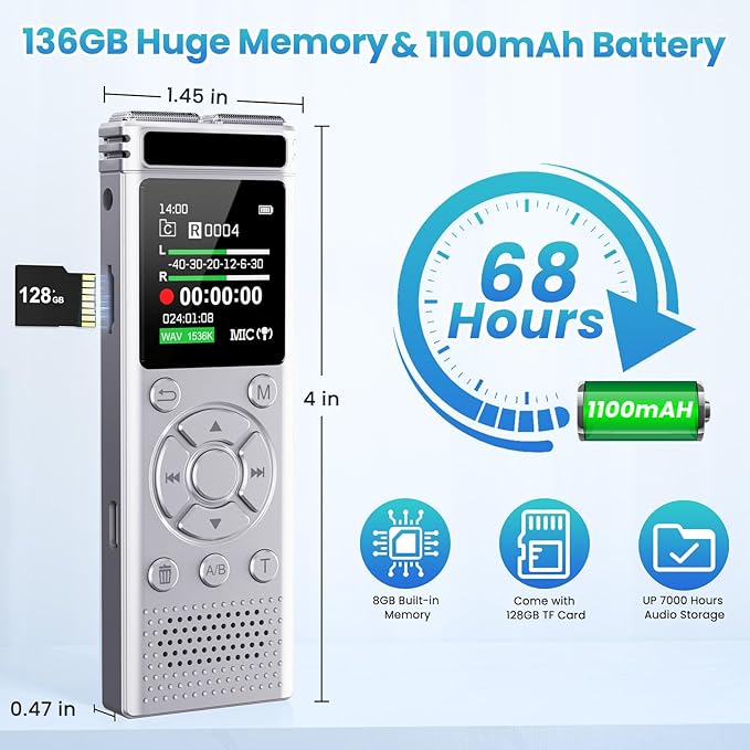 136GB Digital Voice Recorder with Playback,9000 Hours Audio Recording Device,Voice Activated Recorder with Noise Reduction,A-B Repeat,Mp3 Player&Password for Lectures/Meeting/Classes/Interviews,Silver