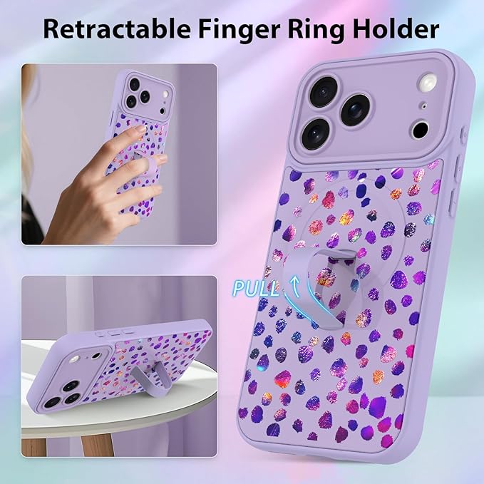 KANGHAR Compatible with iPhone 17 Pro Max Case, Support for MagSafe, Silicone Cute Iridescent Pattern Leopard Print Cheetah, Wristband Kickstand Shockproof Soft Slim Cover for Girls Women, Purple