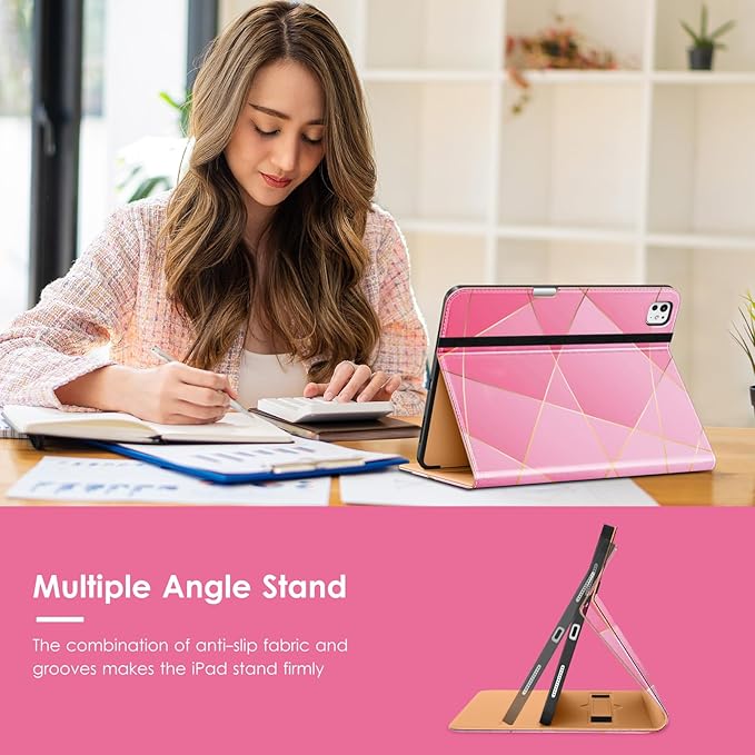VIKESI Case for iPad Pro 13 (M4) 2024, Leather Stand Cover with Apple Pencil Holder, Auto Wake/Sleep, Multiple Viewing Angles, Built in Hand Strap & Pocket, Polygons
