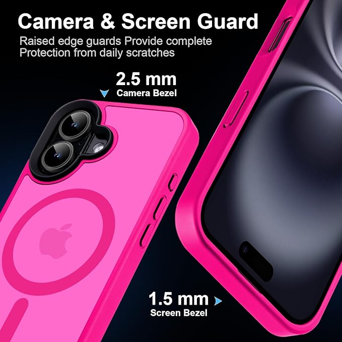 Strong Magnetic Case for iPhone 16 Case [5X-Grade Drop Tested & Compatible with MagSafe] Translucent Anti-Fingerprint Shockproof Protective Cover 6.1 Inch,Hot Pink