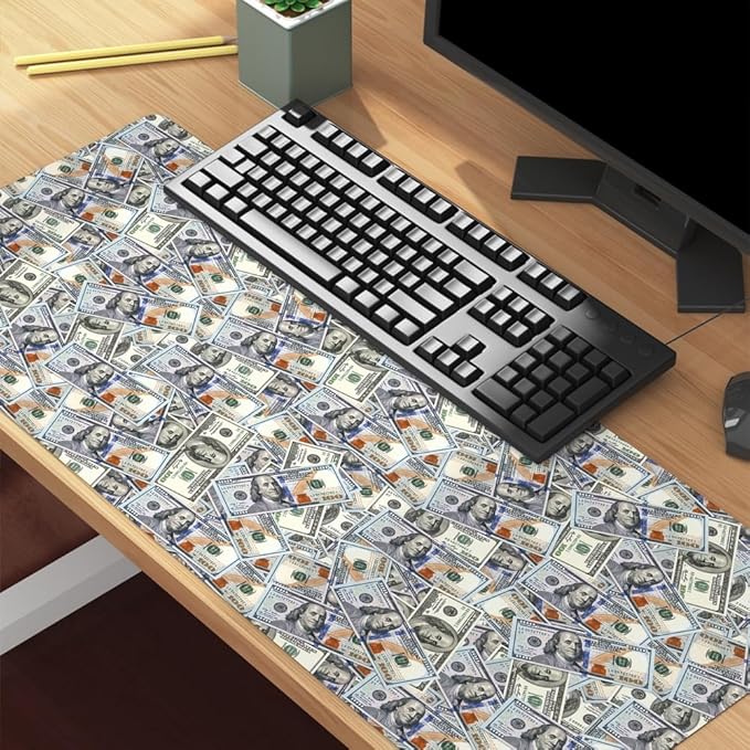 Funny 100 Dollar Bills Money Gaming Mouse Pad Hundreds of US Dollar Currency Non-Slip Rubber Mouse Pad for Computers, Laptop,Office, Home Rectangle Personalized Mousepad 31.5" x15.7"