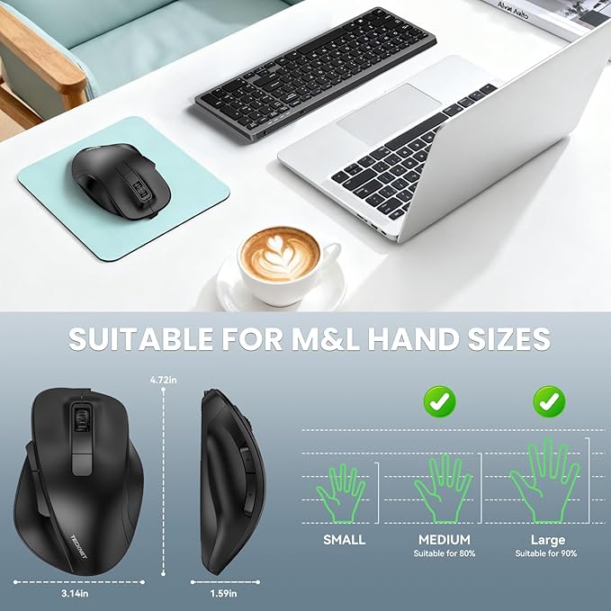 TECKNET Wireless Mouse, Bluetooth Mouse (BT5.0/3.0 & 2.4G) Rechargeable 4800 DPI Silent Mice, Computer Mice with USB A Receiver,Ergonomic Grips Optical Cordless Mice for Laptop/Mac/PC,Black