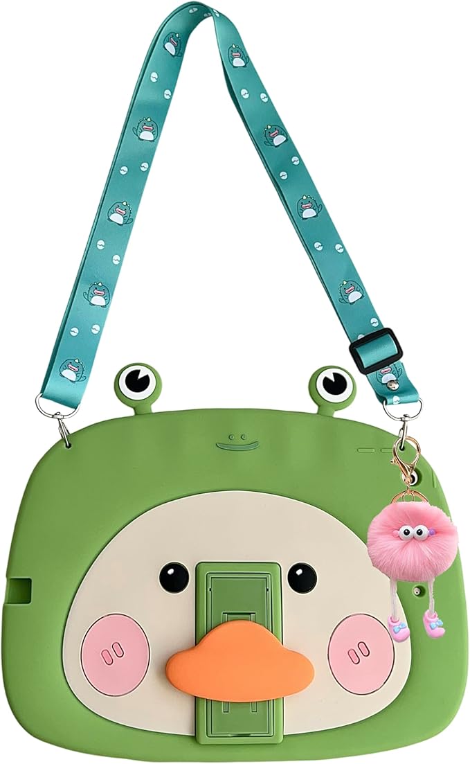 3D Cute Frog Duck Case for iPad 9th/8th/7th 10.2 inch,Kawaii Cartoon Character Frog Duck Soft Silicone Stand Case with Lanyard for Kids Teens Girls Women