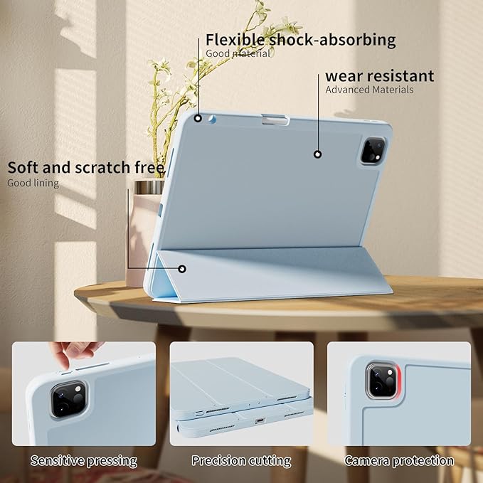Case for iPad Pro 11 inch (M5/M4) 2025/2024 with Pencil Holder,Tri-Fold Stand Cover, Protective Soft TPU Back&Shockproof Air Corner,Supports Apple Pencil Pro, Auto Wake/Sleep (Sky Blue)