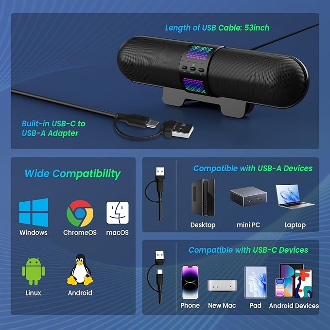 BESTISAN Computer Speaker, Bluetooth 5.3/Wired USB A/C Connection, 6 RGB Light Modes, Gaming Soundbar for PC/Laptop/Desktop, USB A/C Adapter, Loud Sound, Easily Clamps to Monitor, Convenient Controls