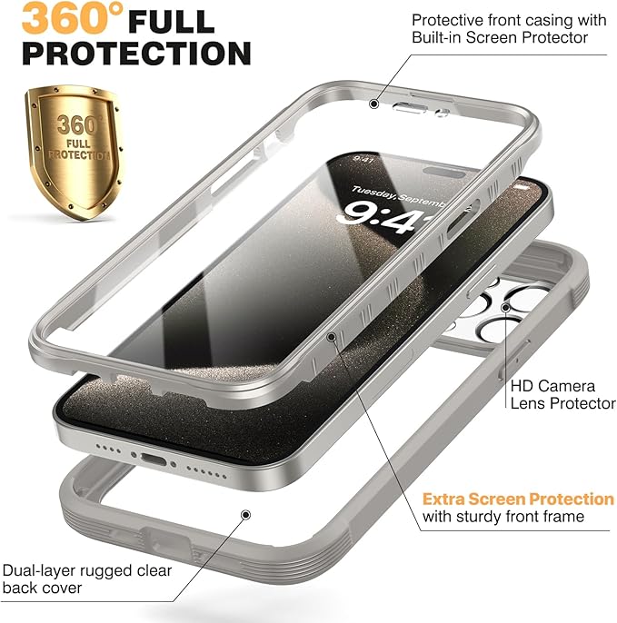 Diaclara Magnetic Designed for iPhone 15 Pro Max Case Full Body Bumper,[Compatible with MagSafe] Military Drop Proof Cover with Built-in Touch Sensitive Anti-Scratch Screen Protector,Grey Titanium