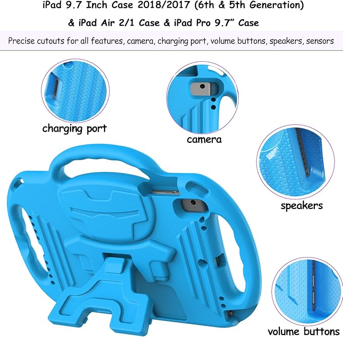 LTROP Kids Case for iPad 5th/6th Generation (9.7 Inch, 2017/2018), Air 1 & Air 2 & Pro 9.7" Case with Shoulder Strap Handle Stand, Blue