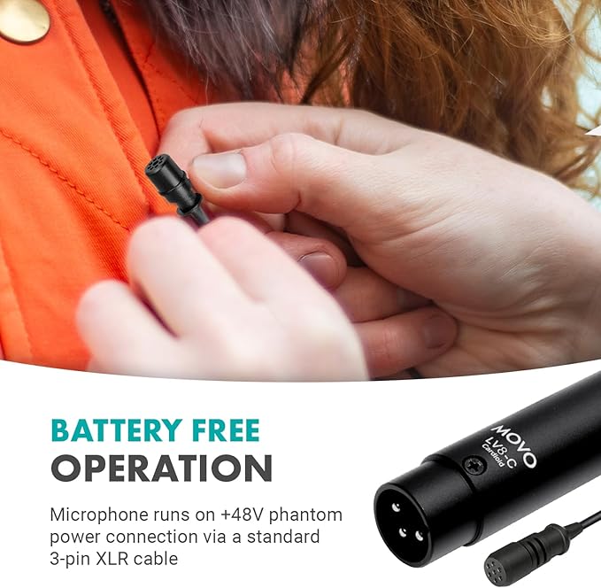 Movo LV8-C Broadcast-Quality XLR Lavalier Cardioid Condenser Wired Microphone with 12mm Mic Capsule for Accurate Voice Recording - Kit Includes Lapel Clip, Case and Windscreen