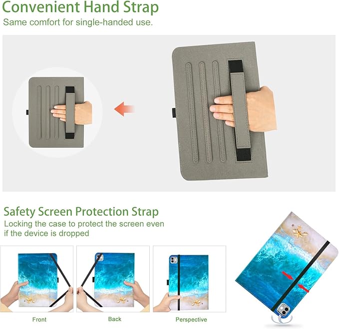 Vimorco for iPad Pro 11-inch Case M5/M4 2025/2024, for iPad Pro Case 11 Inch M5/M4 Pencil Holder/Hand Strap/Pocket/Screen Protection Band, 3 Adjustable Angles, Auto Sleep/Wake, Beach Blue Ocean