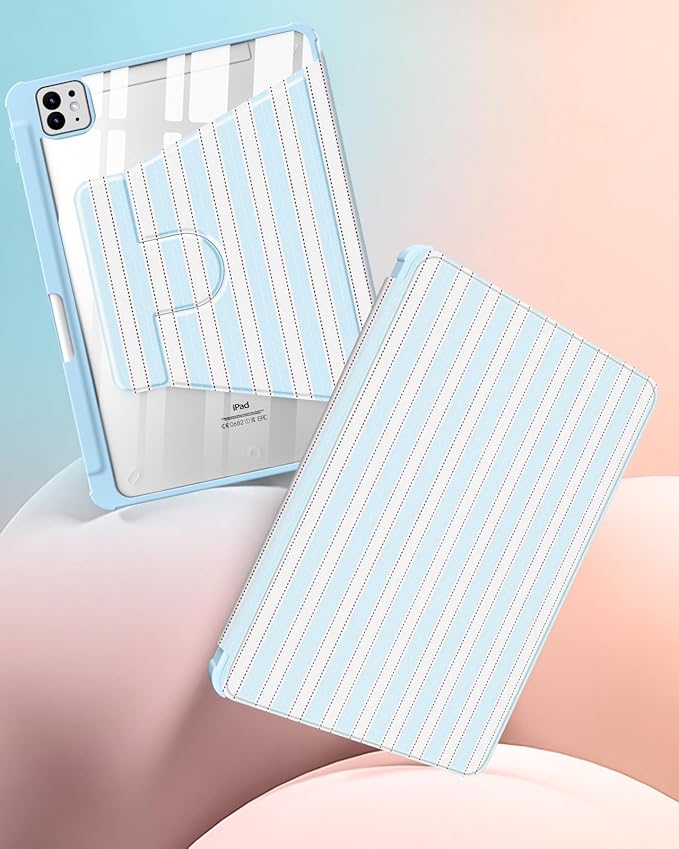 Uppuppy for iPad Pro M4/M5 Case 11 inch - 360 Degree Rotating Stand Folio Smart Cover with Pencil Holder for Women Girls, Blue and White Stripes for iPad Pro 11 inch Case 2024 M4/2025 M5