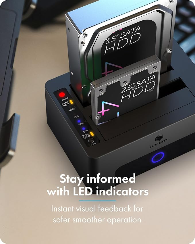 ICY BOX Hard Drive Docking Station Dual Bay USB 3.0 to SATA with Duplicator/Offline Clone Function External Hard Drive Dock for 2.5''/3.5'' HDD SSD Max Up to 60TB (30TB*2) Support UASP Plug&Play