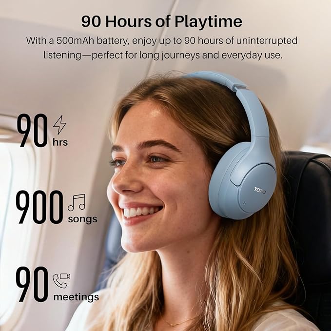 TOZO HT3 Hybrid Noise Cancelling Headphones, 90H Battery Life Wireless Over Ear Bluetooth 6.0 Foldable Headset, AI Voice Assistant with 5 Mics, Connect 2 Devices and Hi-Res Sound, 32 EQ Audio Presets