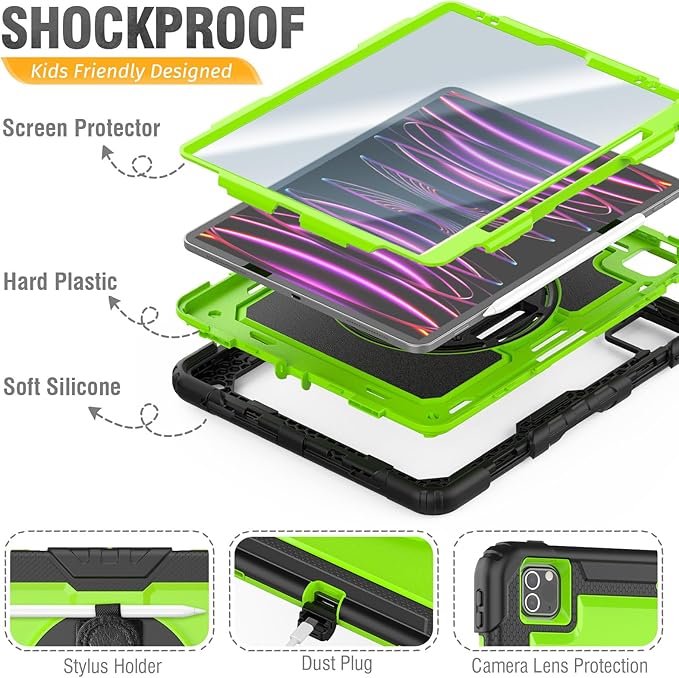 HXCASEAC Case for iPad Pro 12.9 Case (6th 5th 4th 3rd Generation), Shockproof Design | Pencil Holder | Hand Strap | Screen Protector | Heavy Duty Protective iPad 12.9 inch 2022/2021/2020/2018 - Green