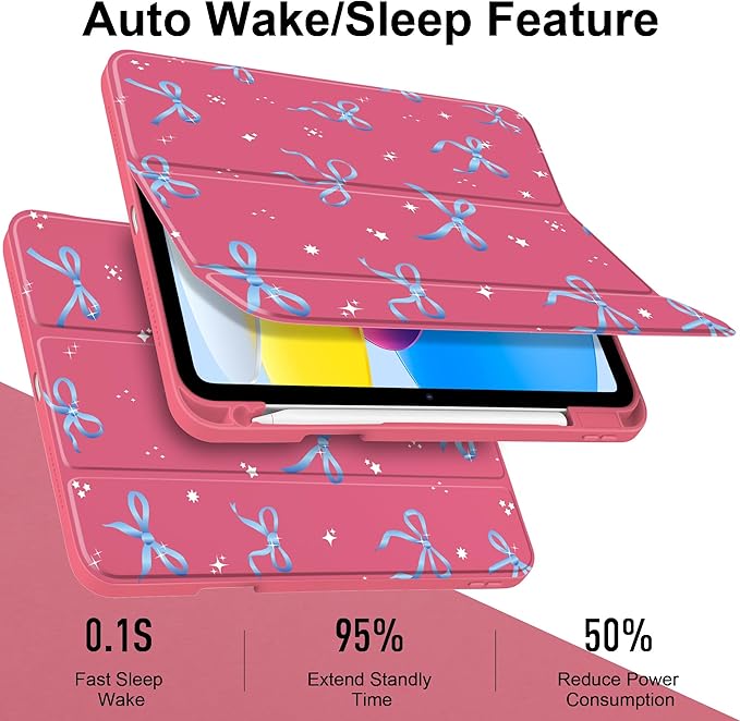 Case for iPad Air 13 inch 2026 M4 2025 M3 2024 M2 Release Slim Lightweight Shockproof Cute Hot Pink Cover with Clear Back TPU Edge Pencil Holder Trifold Stand Auto Wake Sleep, Ribbons