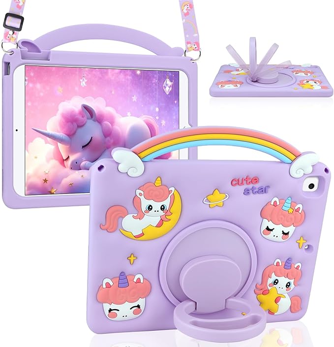 HianDier for iPad 9th 8th 7th Generation Case Kids Girls Cute Unicorn with Rainbow Handle Detachable Lanyard Rotatable Kickstand Shockproof Protective Cover for iPad 10.2 Case 2021 2020 2019-Purple
