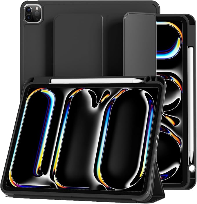 Case for iPad Pro 11 inch (M5/M4) 2025/2024 with Pencil Holder,Tri-Fold Stand Cover, Protective Soft TPU Back&Shockproof Air Corner,Supports Apple Pencil Pro, Auto Wake/Sleep (Black)