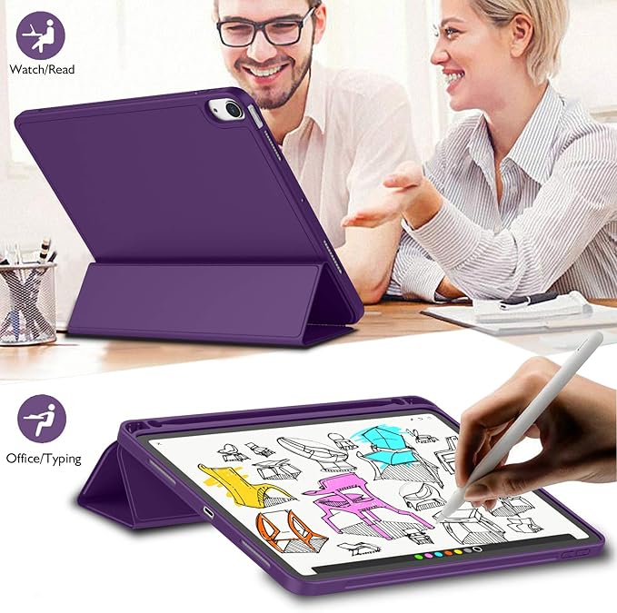 iMieet iPad Air 11 Inch Case M4/M3/M2(2026/2025/2024), iPad Air 5th/4th Generation Case 2022/2020 10.9 Inch with Pencil Holder,Trifold Stand Smart Case with Soft TPU Back(Dark Purple)