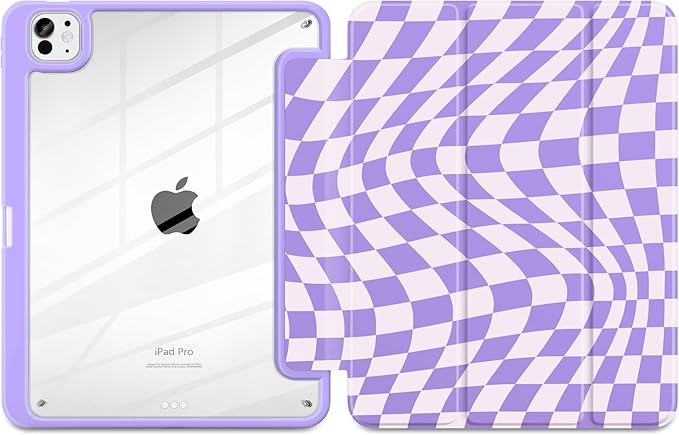 TWOLSKOO Case for iPad Pro 11-inch (M5 2025 / M4 2024), Clear Acrylic Back with TPU Bumper, Pencil Holder, Trifold Stand, Auto Sleep/Wake, Purple Wavy Checker