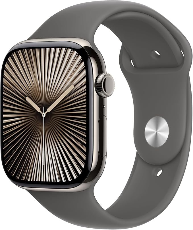 Apple Watch Series 10 [GPS + Cellular 46mm case] Smartwatch with Natural Titanium Case with Stone Grey Sport Band - M/L. Fitness Tracker, ECG App, Always-On Retina Display, Water Resistant