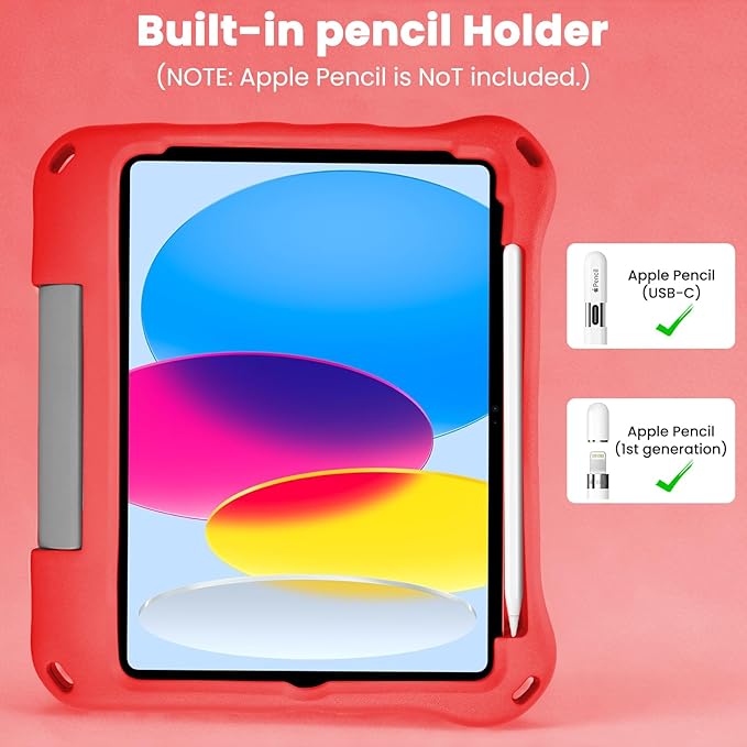 Kids Case for New iPad 11th Gen (A16) 11-inch 2025 & 10th Generation 10.9" 2022 & Air 11" 2025/2024 & Air 5th/4th Gen & Pro 11,Durable Shockproof Cover with Pencil Holder Handle Stand.Red