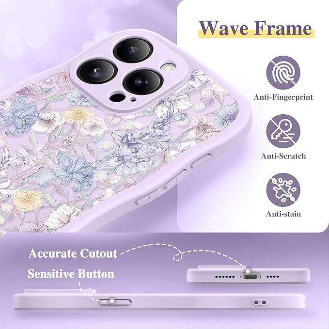 GVIEWIN for iPhone 15 Pro Max Case Compatible with MagSafe [Curly Wave Edge][Full Camera Protection]Floral Translucent Shockproof Magnetic Women Phone Case for 15 Pro Max 6.7'', Apricot Blossom/Purple
