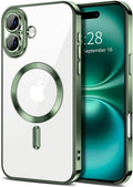 Hython Magnetic Clear for iPhone 16 Plus Case with Camera Lens Protector [Compatible with MagSafe] Luxury Plating Edge Slim Soft TPU Cover Protective Phone Case for iPhone 16 Plus 6.7", Deep Green