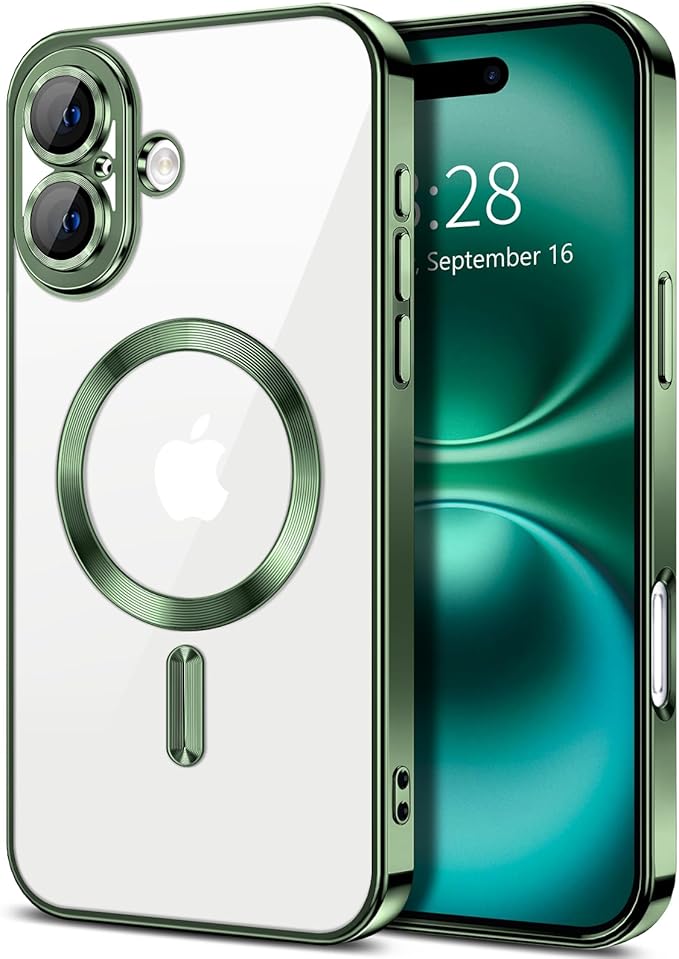 Hython Magnetic Clear for iPhone 16 Plus Case with Camera Lens Protector [Compatible with MagSafe] Luxury Plating Edge Slim Soft TPU Cover Protective Phone Case for iPhone 16 Plus 6.7", Deep Green