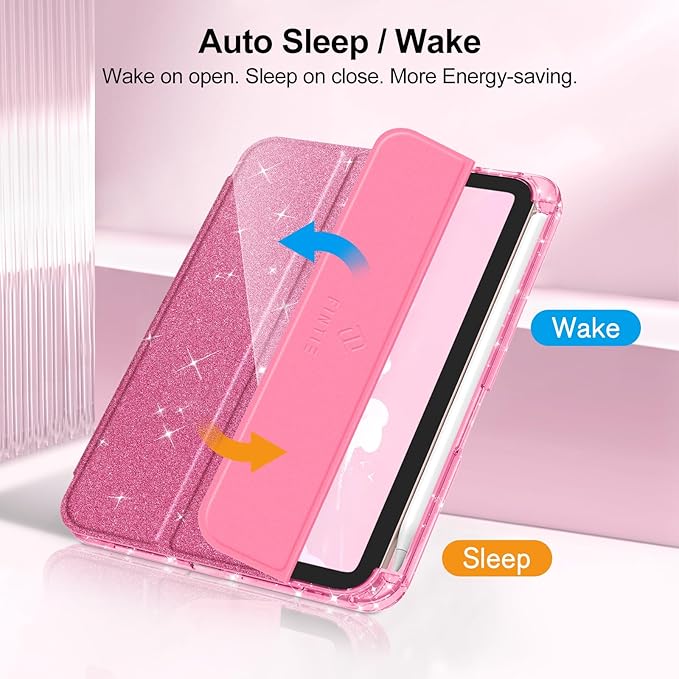 Fintie Slim Case for iPad Mini 7 (A17 Pro, 7th Generation) 2024 / iPad Mini 6 (6th Gen) 8.3 Inch - [Built-in Pencil Holder] Glittering Sparkly Shockproof Cover w/Shiny Clear Back Shell, Pink