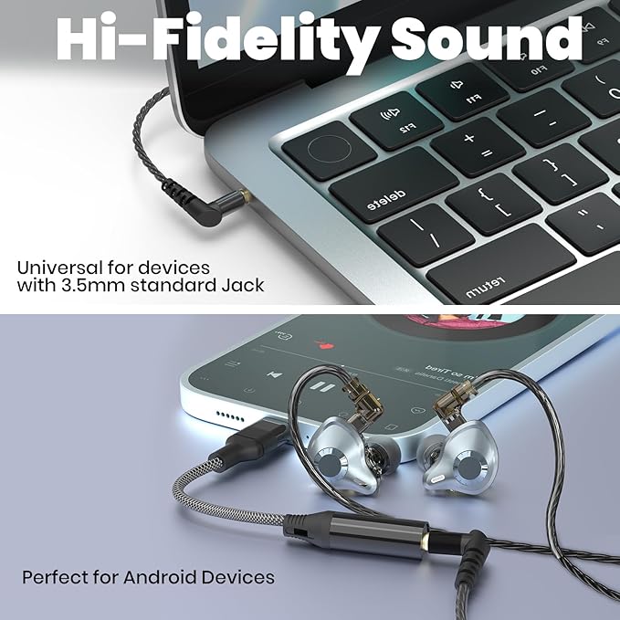 in Ear Monitor Headphones, HiFi IEM Wired Earbuds, Deep Bass Sound Isolating Earphones with USB C to 3.5mm Adapter and Detachable 2 Pin Cable for Singer/Musicians/Drummers