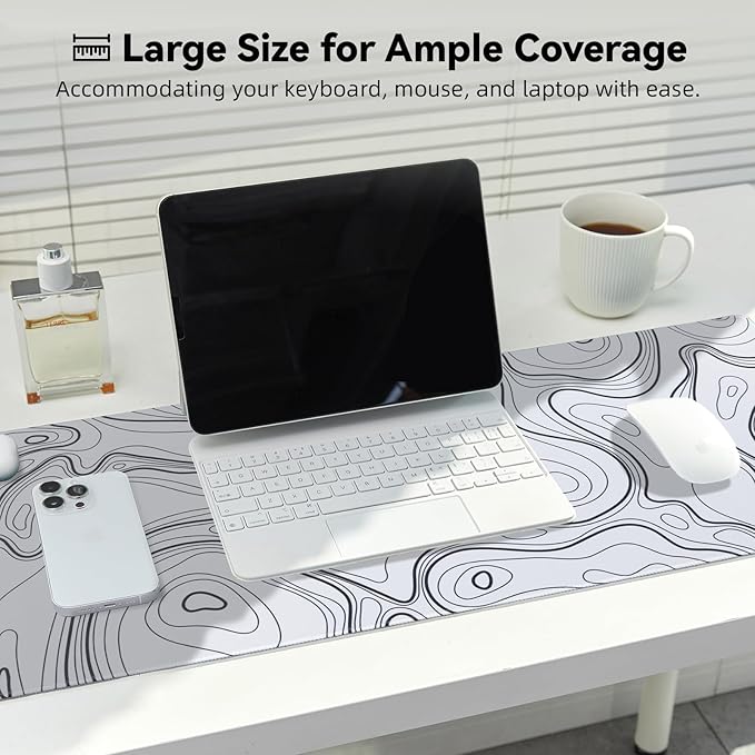 Reniteco Waterproof Large Gaming Mouse Pad with Durable Stitched Edges, Non-Slip Rubber Base, Grainy Jacquard Mouse Mat Desk Pad for Home Office Gaming, 31.5''x11.8''x0.12'', Topographic Map White