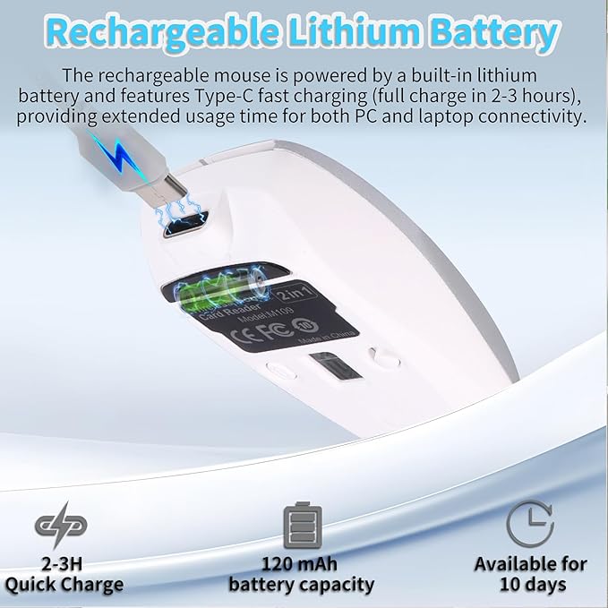 Mini Bluetooth Wireless Mouse with TF Card Reader, Rechargeable, Silent Click, Portable for Laptop, PC, Travel, Office & Home Use (Silver)