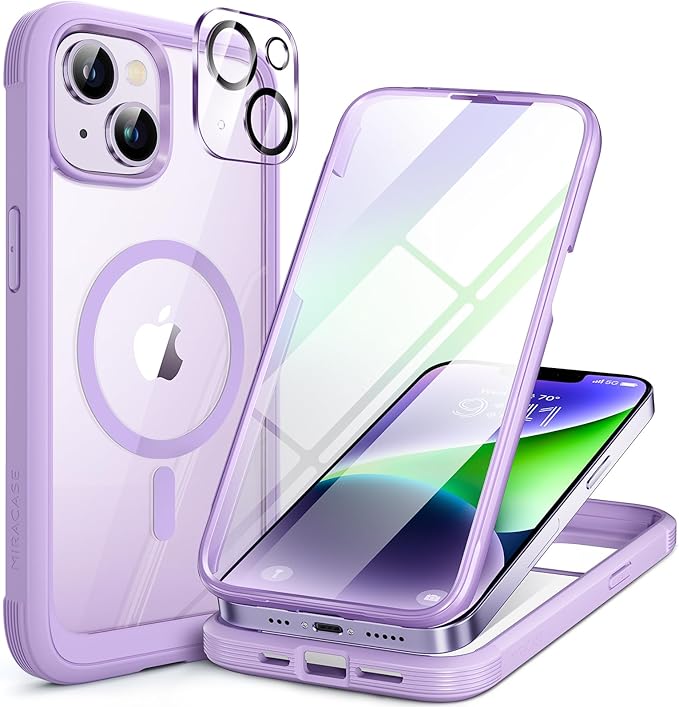 Miracase Glass Series Designed for iPhone 14 Plus Case 6.7 inch, 2023 Upgrade Full-Body Magnetic Clear Case with Built-in 9H Tempered Glass Screen Protector,Compatible with MagSafe,Purple