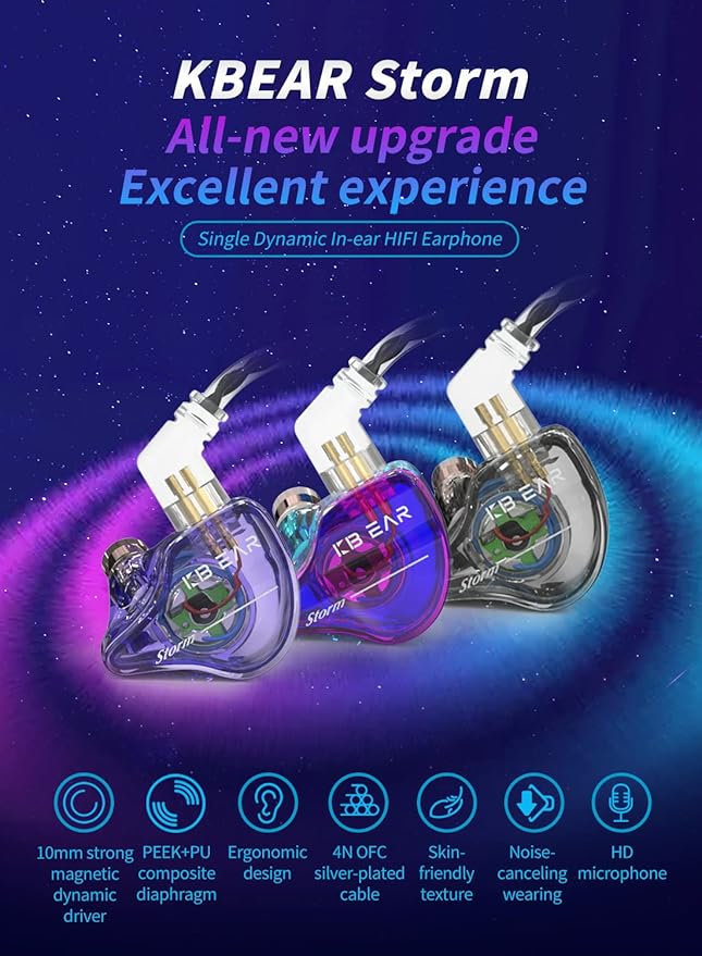 YINYOO KBEAR Storm Professional in Ear Headphones Monitor Earphones for Singers Drummers Musicians Bassists, Custom Wired Earbuds IEM, Hi Res Detachable OFC Silver-Plated Cable Auriculares