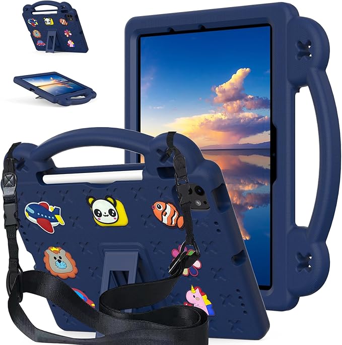AKABEILA Compatible with Apple iPad Air 11(2026)M4(2025) M3(2024)/iPad Pro 11(2024)(2025) M5 11 inch Tablet Case, Kids Friendly Shockproof Protective Case with Shoulder Strap & Stand Handle Navy Blue