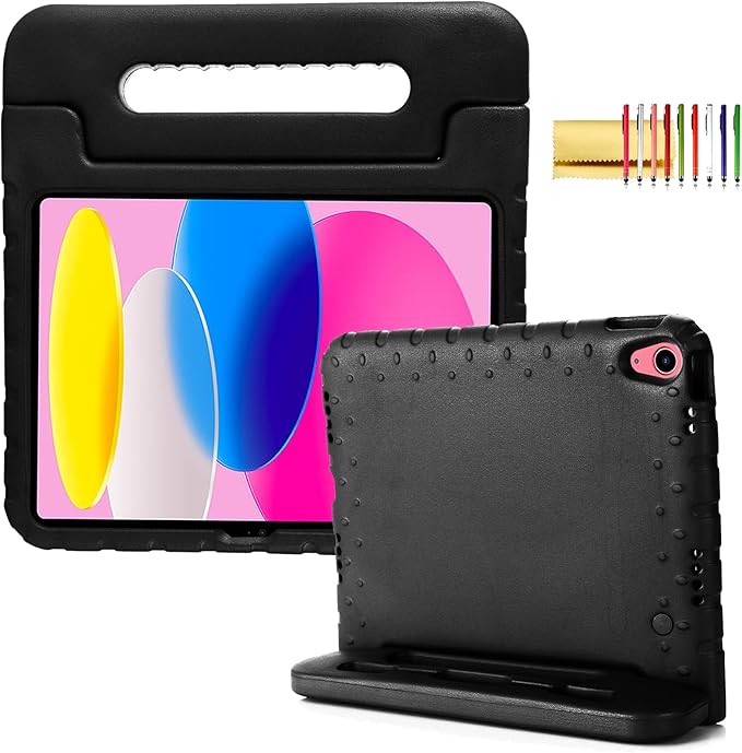 Kids Case for iPad 10th Generation (2022), iPad 11" A16 2025 Case with Pencil Holder, Techcircle Handle Stand Lightweight EVA Foam Bumper Protective Rugged Drop Protection Child Proof Cover, Black