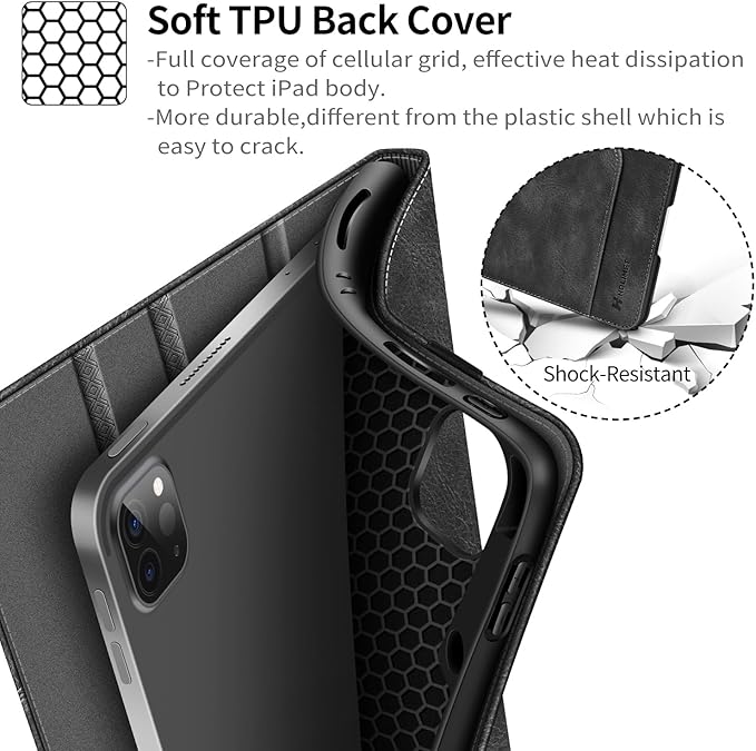 H HOLIMET Case for iPad Pro 12.9 2022 6th/5th/4th/3rd Generation with Pencil Holder Pocket Folio Stand Cover Soft TPU Back Shockproof, Auto Sleep/Wake,Vegan Leather
