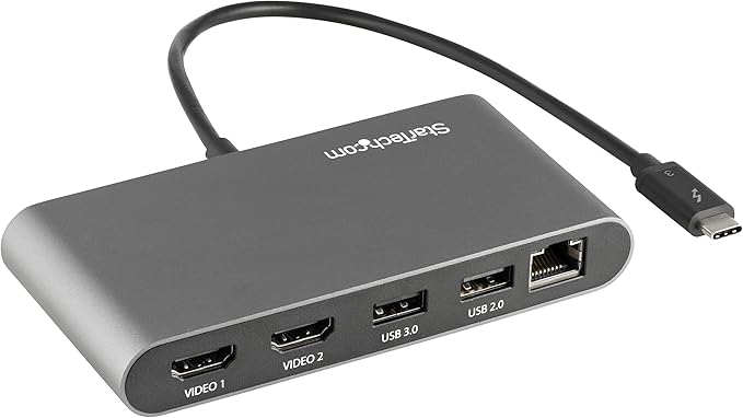 StarTech.com Dual-Monitor Thunderbolt Mini Dock, 4K 60Hz HDMI, Driverless Hub for Windows and Mac, Gigabit Ethernet, 1 x USB 5Gbps, 1x USB 2.0, 11in (28cm) Cable