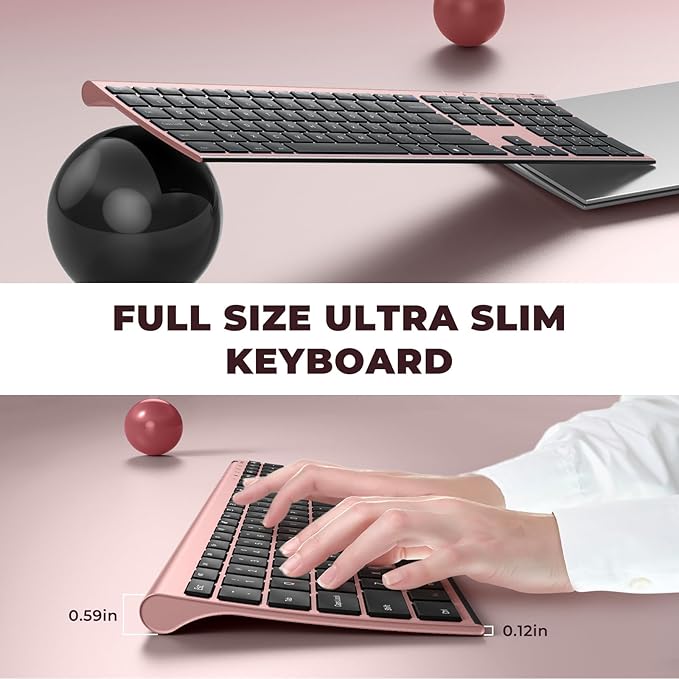 Wireless Keyboard and Mouse, Vssoplor Rechargeable Quiet Full-Size Keyboard and Mouse Combo Set Ultra Slim Design for Laptop, PC, Notebook, Desktop-Black and Rose Gold