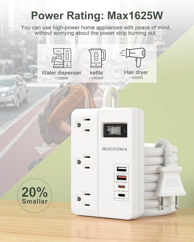 PD 30W 2 Prong Power Strip with USB-C, ROOTOMA 2 Prong to 3 Prong Outlet Adapter with Switch on Off, 3 Outlet & 4 USB Ports, 3 Prong Adapter 4ft, for Polarized Three Prong Adapter Plug, White