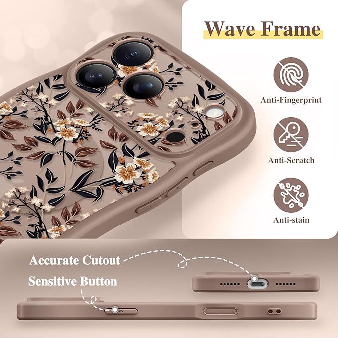 GVIEWIN for iPhone 17 Pro Max Case Compatible with MagSafe [Curly Wave Edge][Full Camera Protection] Floral Translucent Shockproof Magnetic Women Phone Case for 17 Pro Max, Bunchflower/Brown
