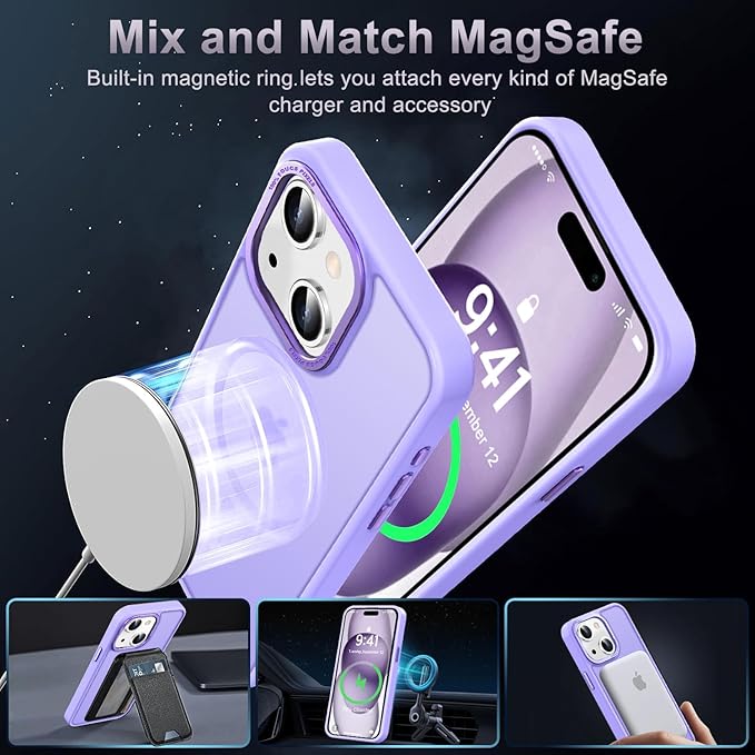Newfuture Magnetic for iPhone 15 Case [Compatible with Magsafe] [Military Grade Drop Protection] Translucent Matte Anti-Fingerprint Shockproof Phone Case for iPhone 15 6.1 inch, Lilac Purple
