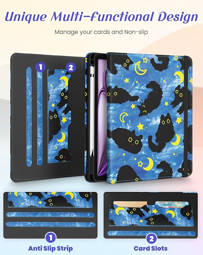 Kidcube for iPad Air 13 Inch Case (M3/M2)/for iPad Pro 12.9 Cases 6th/5th (2022/2021) - Women Girls Cute Rotating Stand Folio Cover with Pencil Holder & Card Slot Design Girly Cat Stars Blue Cover