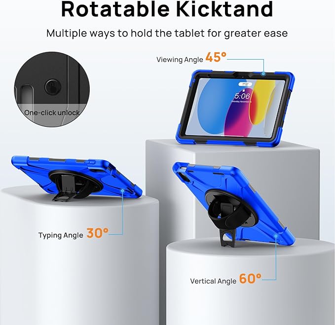 Gerutek Case for iPad (A16) 11th/10th Generation 11"/10.9" (2025/2022), Heavy Duty Shockproof Protective Case with Screen Protector, 360° Rotating Stand, Hand/Shoulder Strap, Pencil Holder - Blue