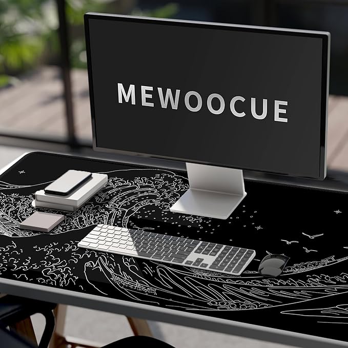 MEWOOCUE® Large Gaming Mouse Pad for Computer,Black Japanese Sea Wave Anime Mouse Mat,Long XXL Waterproof Keyboard Pads,Big Non-Slip Mouse Pads for Game Office Home（47.2 x 23.6 in）