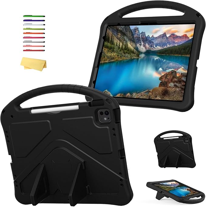 Kids Case for iPad Pro 13 inch M5/M4 (2025/2024) with Kickstand/Pencil Holder/Handle Stand Lightweight Soft EVA Foam Shockproof Heavy Duty Rugged Protection Kids Girls Boys Cover, Black