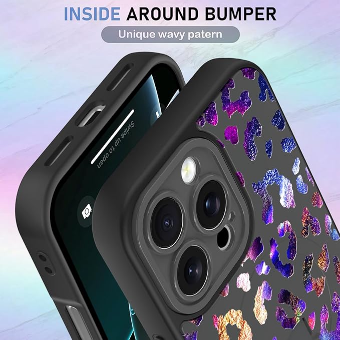 KANGHAR Compatible with iPhone 16 Pro Case, Support for MagSafe, Silicone Cute Iridescent Leopard Cheetah Pattern, Wristband Kickstand Shockproof Protective Slim Cover for Women Girls, Black