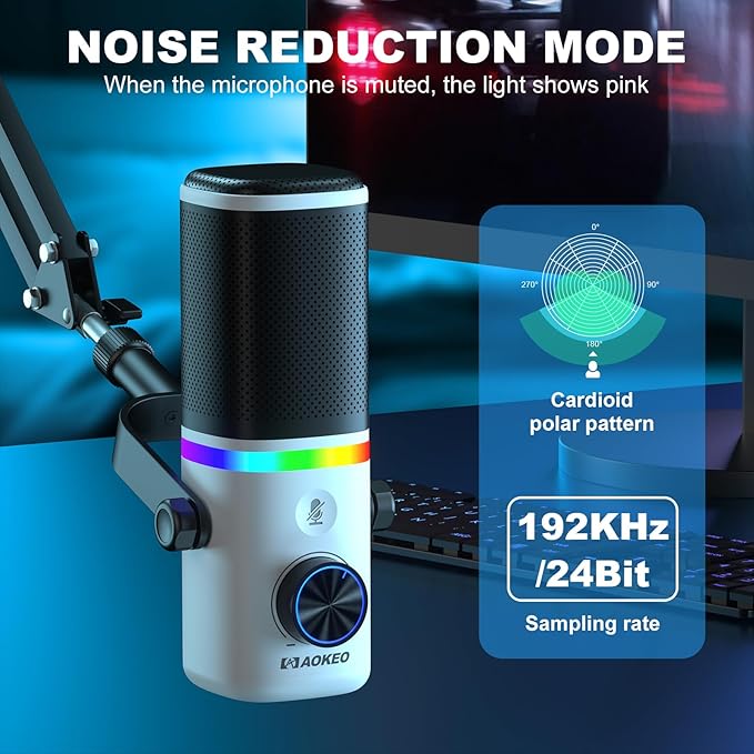 Aokeo AK-10 USB Gaming Microphone with mic arm, Condenser Microphone for PC/MAC/PS4/PS5/Phone-Cardioid Mic with RGB Lighting（White）
