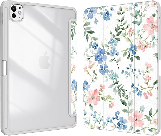 Case for iPad Pro 11-Inch M5/M4 2025/2024 (6th/5th Generation), Case with Pencil Holder, Clear Back Cover Cute Cool Design for Women Girls, Auto Sleep/Wake, Blue Pink Flower